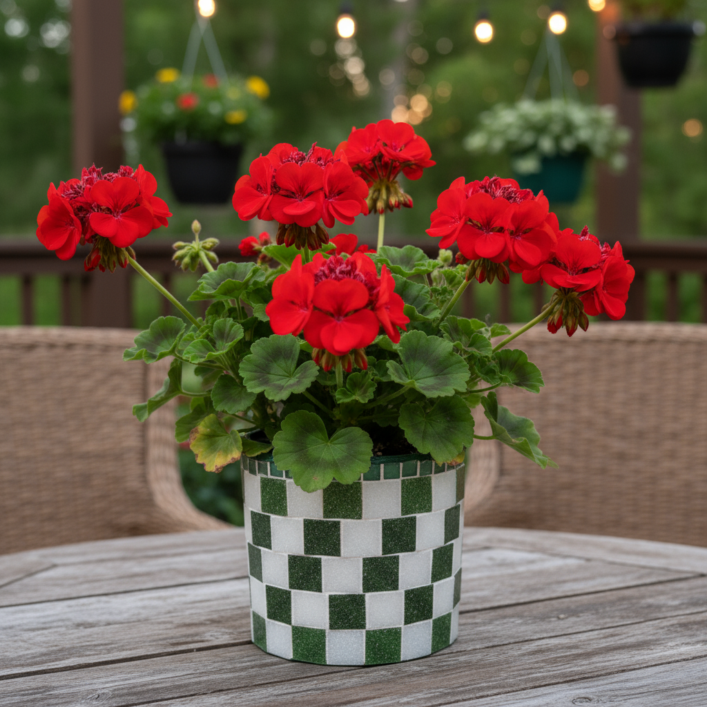 Modern green and white checkerboard mosaic herb planter with sturdy ceramic construction and stylish design.