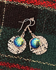 Turquoise and Silver Dangle Earrings - Elegant Fishscale Cabochon Design