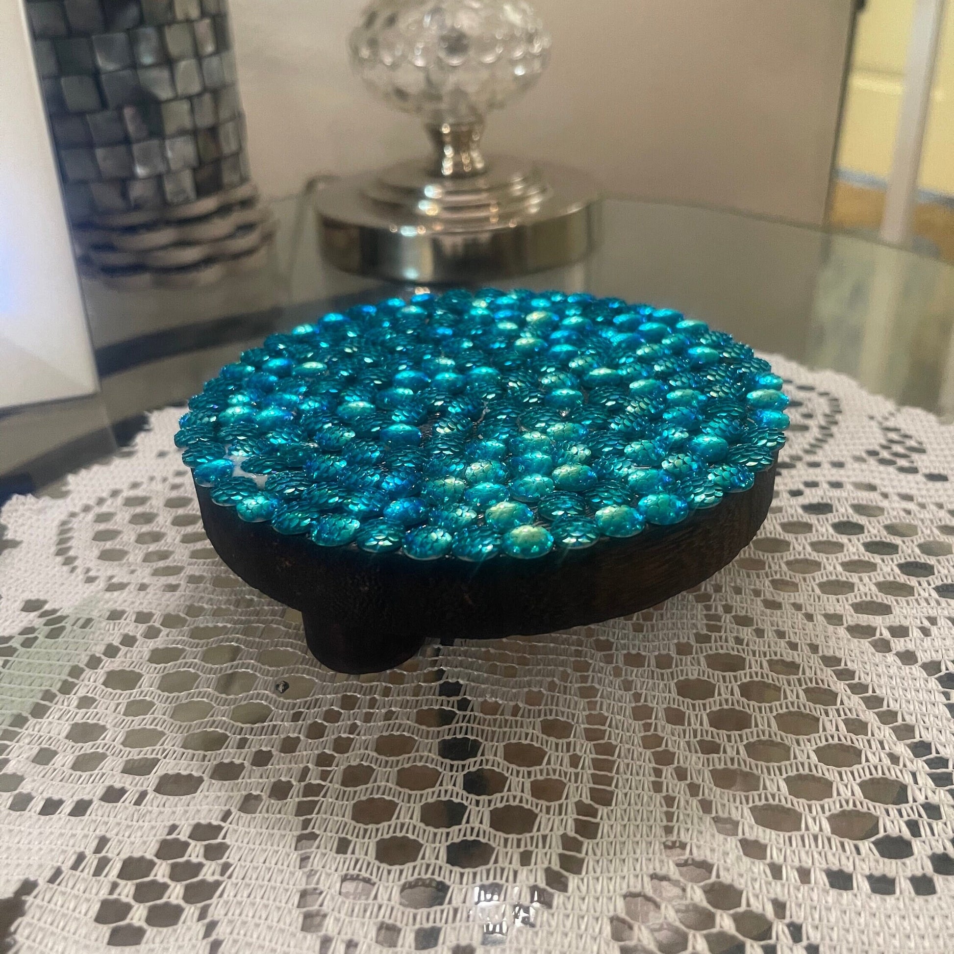 Artisanal turquoise cabochon mosaic plant stand by Miss Bette's Creations with colorful, handcrafted tile design and sturdy base.