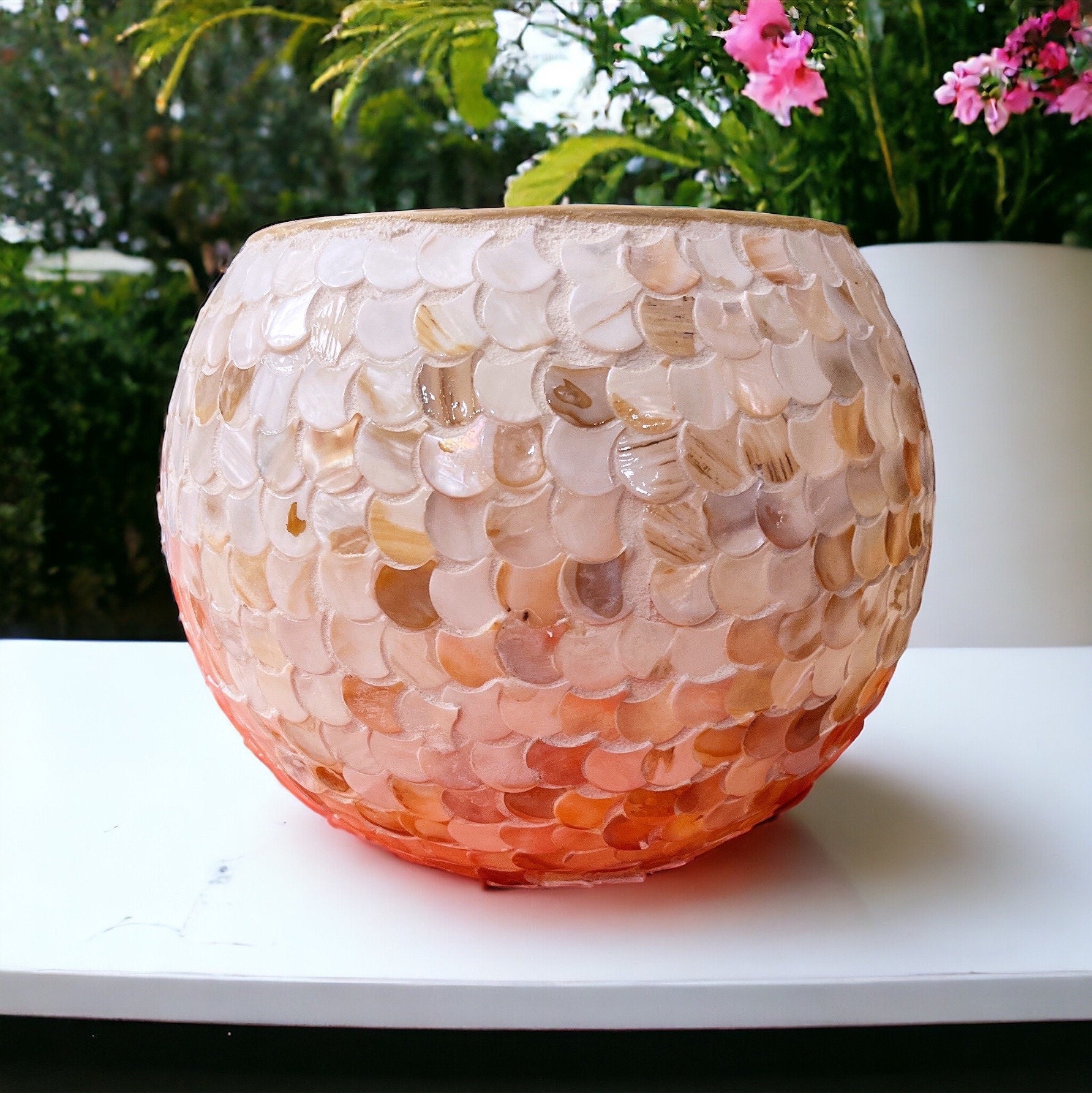 Iridescent white scalloped mosaic bowl with handcrafted details, showcasing a glossy, colorful finish and intricate mosaic pattern.