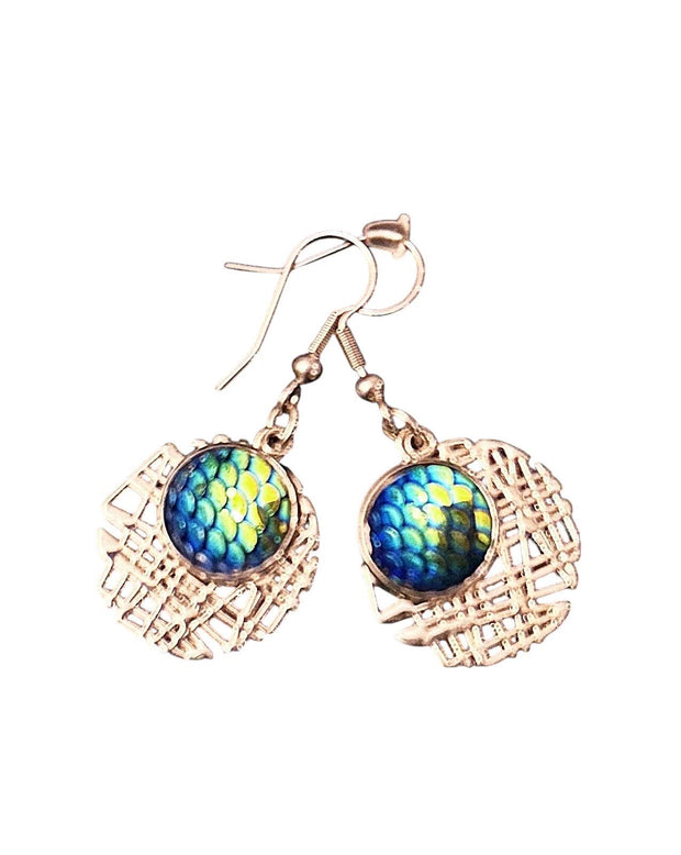 Turquoise and Silver Dangle Earrings - Elegant Fishscale Cabochon Design