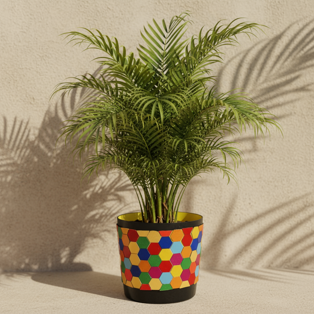 Colorful bouquet in a rainbow mosaic hexagon planter with vibrant flowers and decorative design.