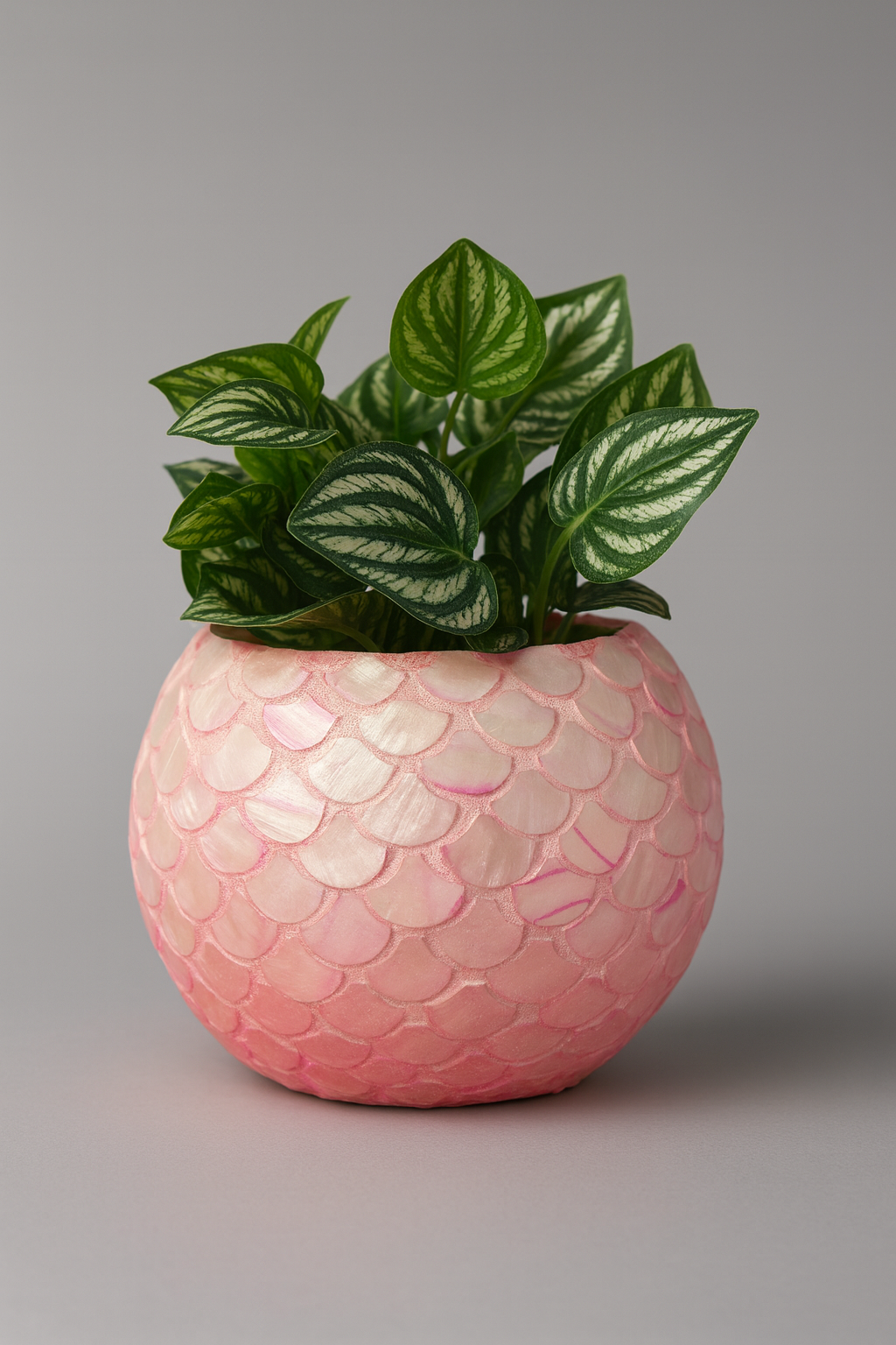 Handcrafted pink ombre mosaic bowl with scalloped edges, featuring intricate mosaic patterns and vibrant colors for decorative use.