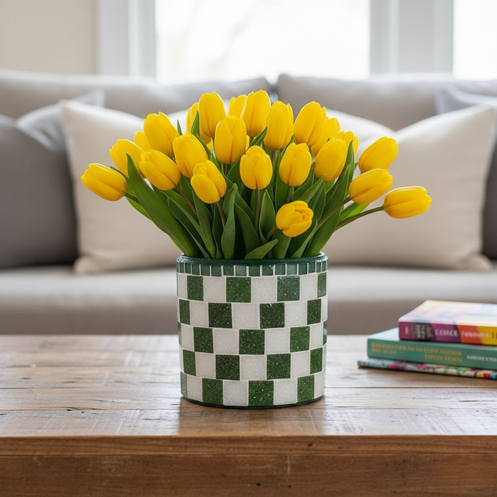 Modern green and white checkerboard mosaic herb planter with a rectangular shape and decorative design.