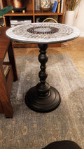 Round side table with 15-inch diameter and 20-inch height, iridescent gray and purple mosaic top on black metal base