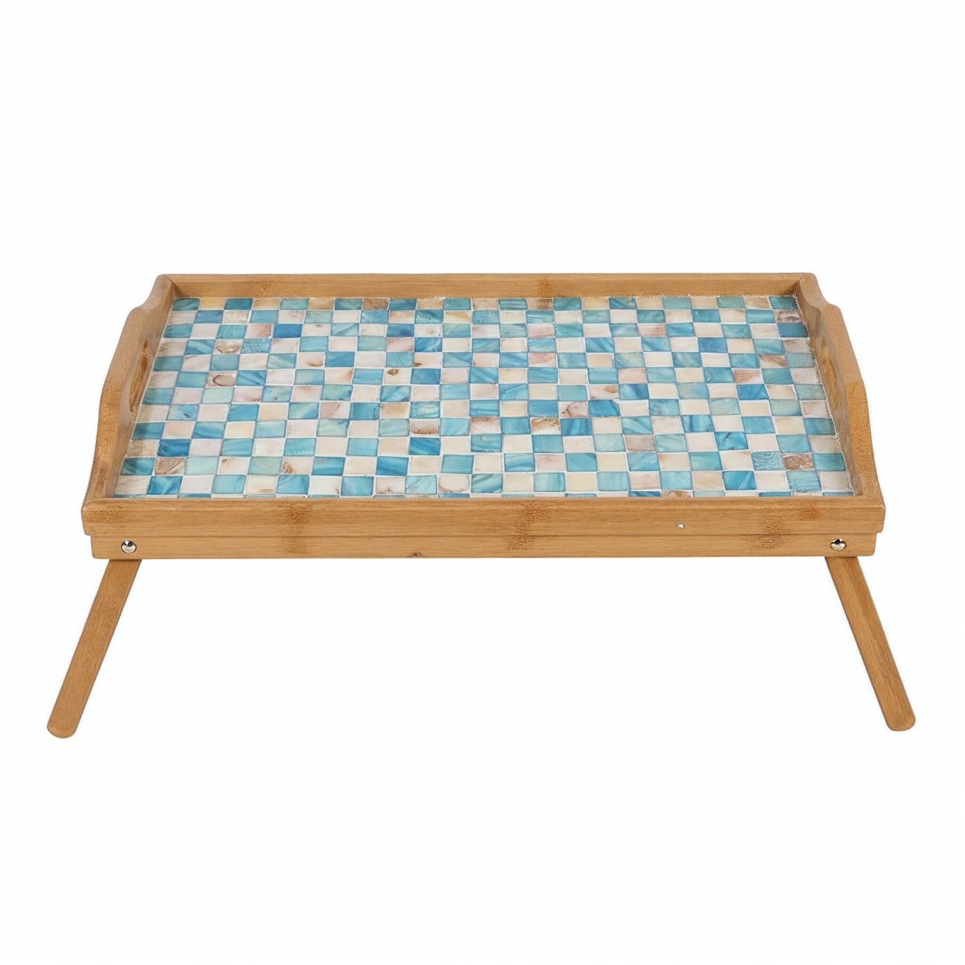 Luxury bamboo bed tray with mosaic inlay, featuring elegant design and sturdy construction for convenient bedside serving.