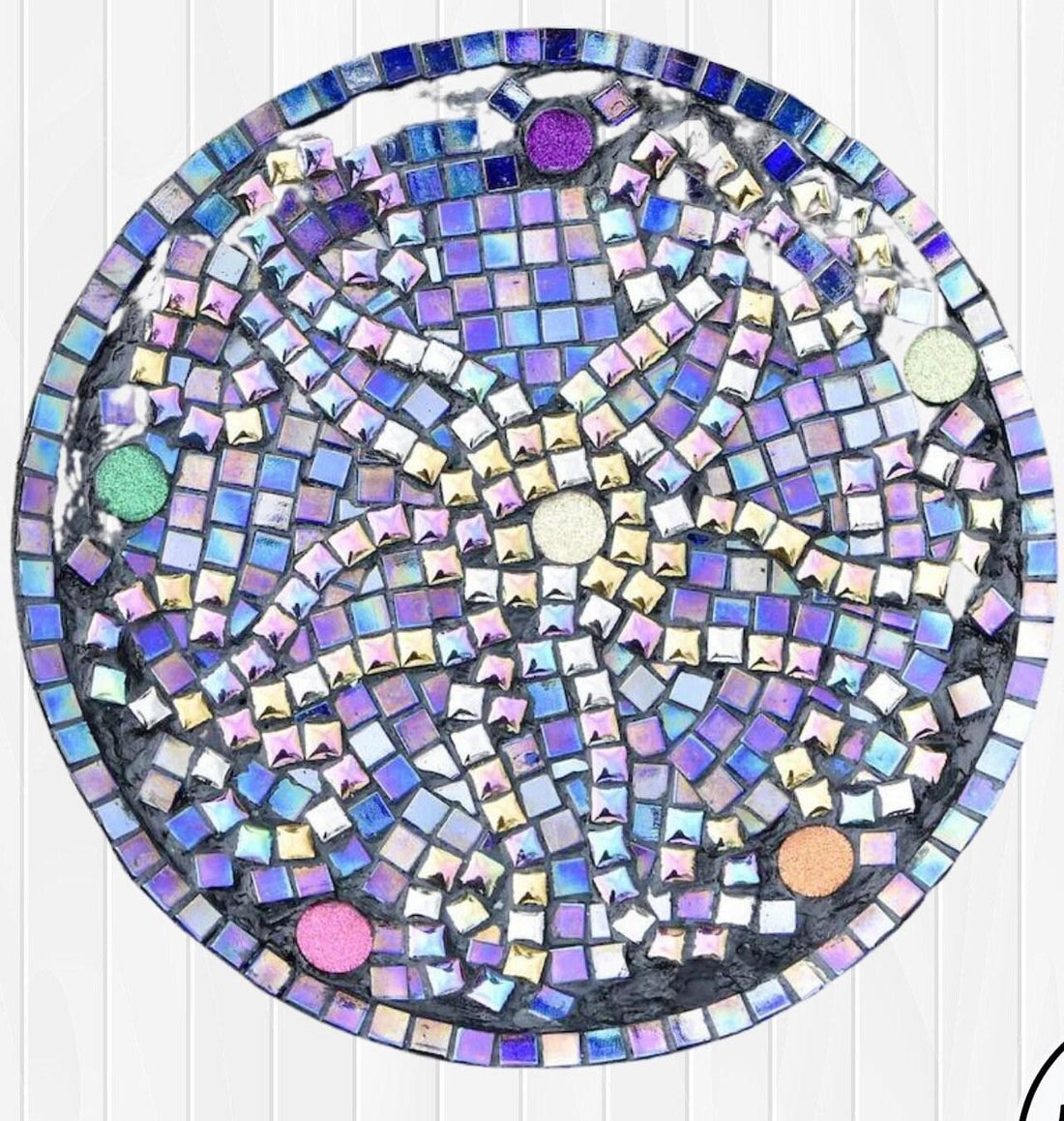 Original handcrafted iridescent mosaic wall art with vibrant, colorful glass tiles arranged in an intricate pattern.