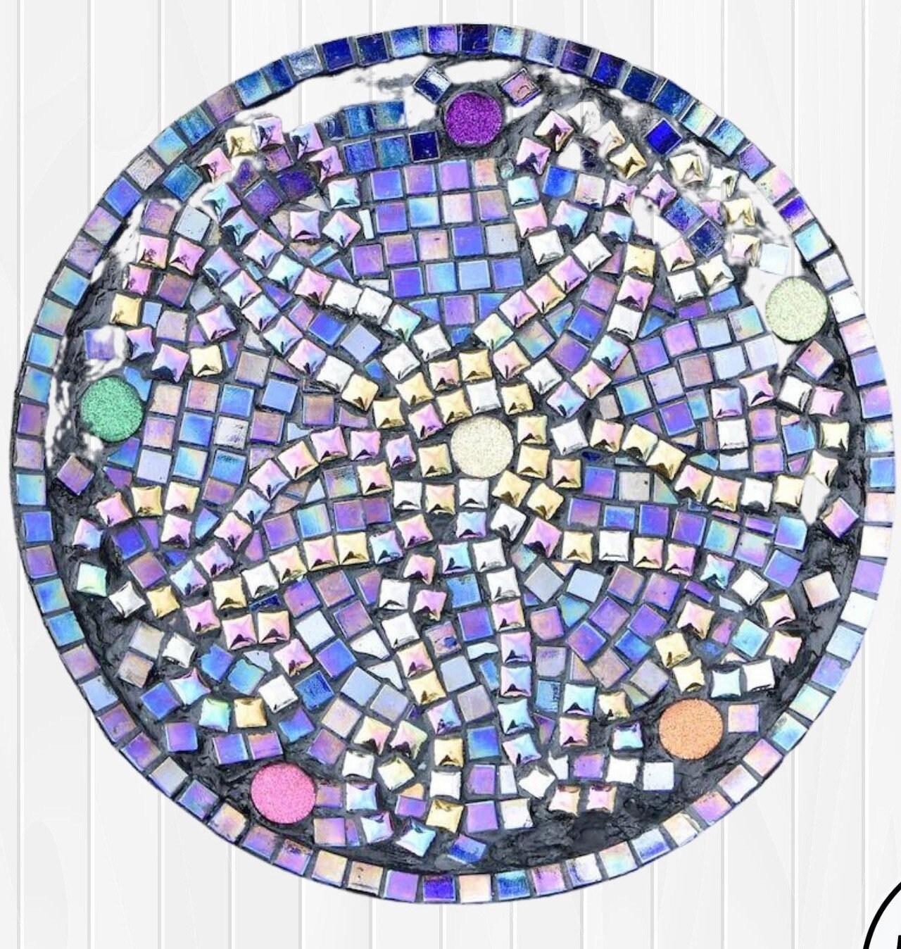 Original handcrafted iridescent mosaic wall art with vibrant, colorful glass tiles arranged in an intricate pattern.
