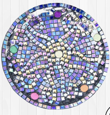 Original handcrafted iridescent mosaic wall art with vibrant, colorful glass tiles arranged in an intricate pattern.