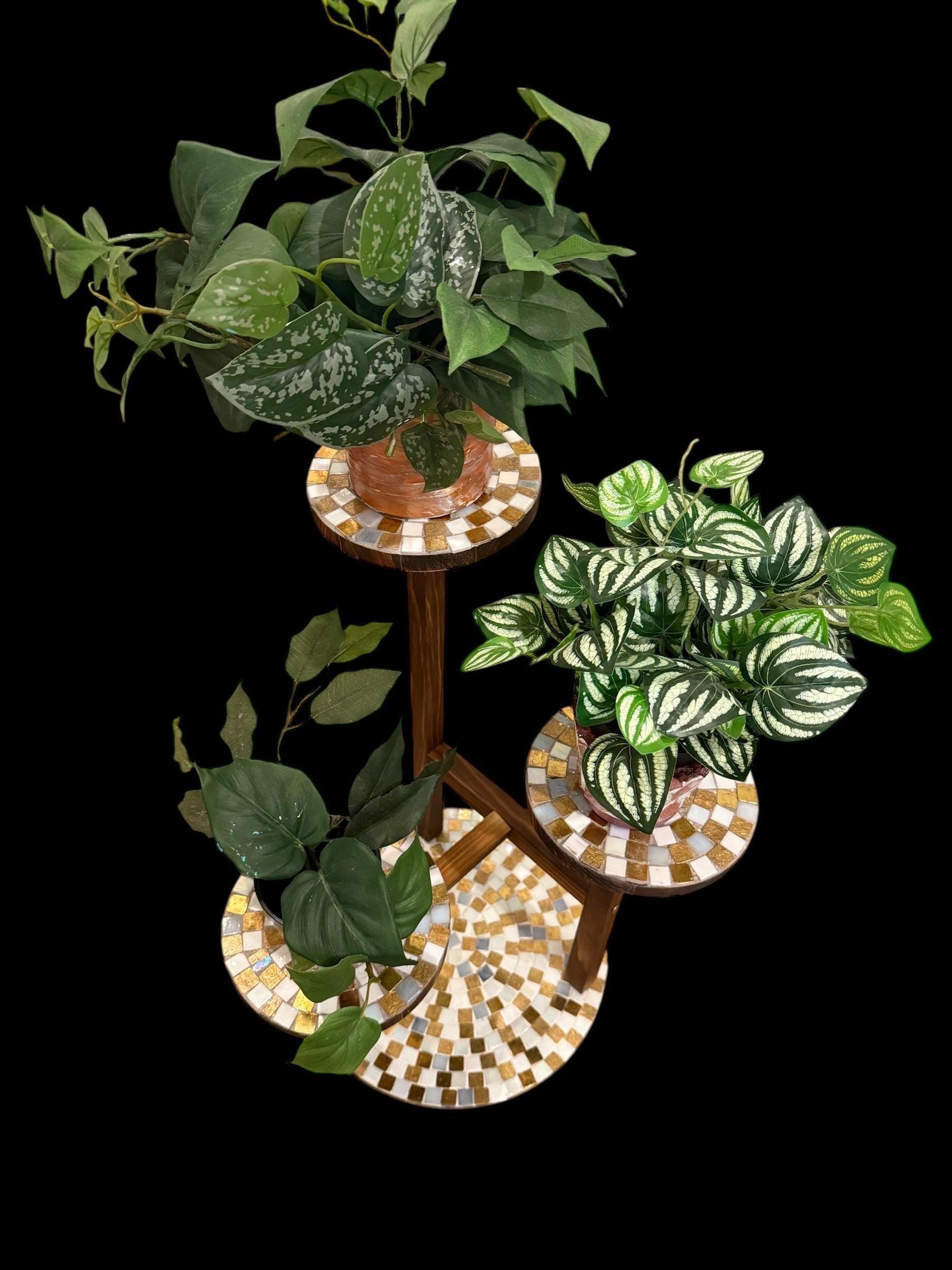 Handcrafted 3-tier mosaic plant stand with colorful tiled shelves for indoor or outdoor use