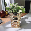 Artificial snake plant in silver mosaic planter, showcasing lush green leaves and decorative textured planter by Miss Bette's Creations