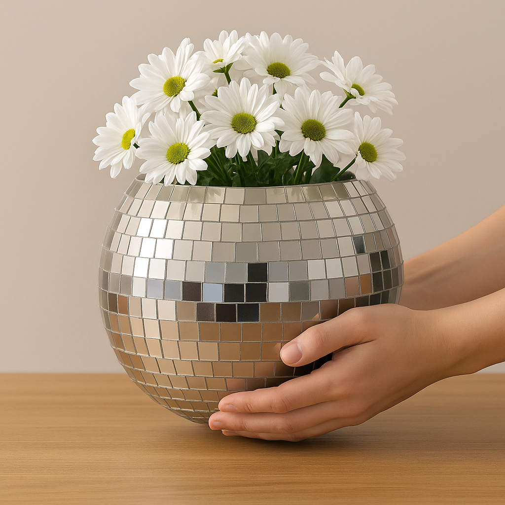 Shiny Mirror Ball Disco Globe Vase with reflective surface and spherical shape, ideal for decorative floral arrangements.