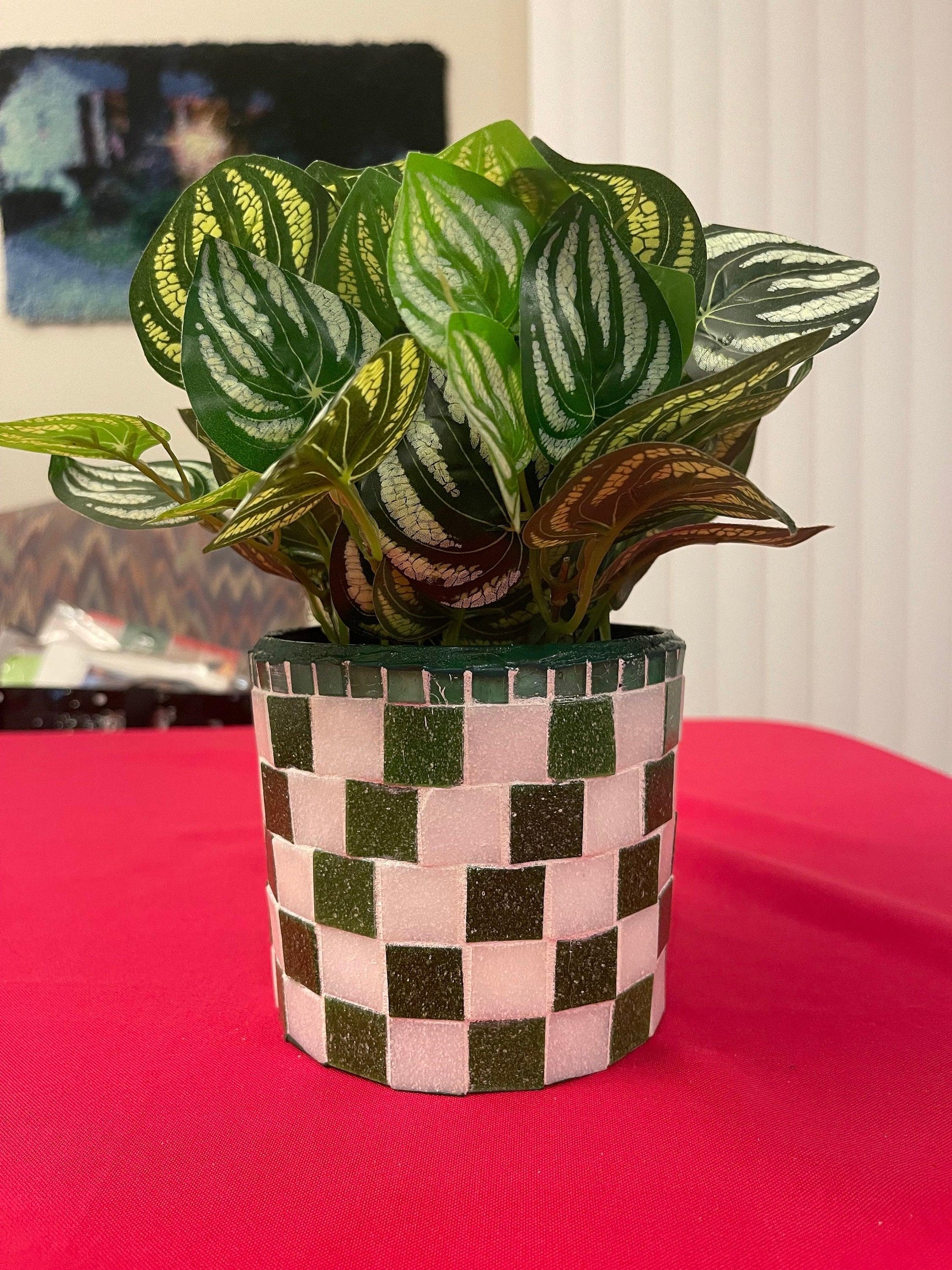 Modern green and white checkerboard mosaic herb planter with square shape and decorative design for indoor or outdoor use.