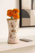 Elegant mother of pearl mosaic flower vase with floral design, showcasing intricate craftsmanship and shimmering surface.