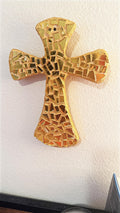 Handcrafted gold mosaic cross by Miss Bette's Creations, featuring intricate gold tile design on a wooden base.