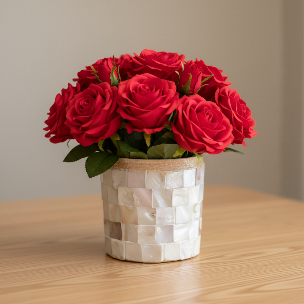 Handcrafted Mother of Pearl mosaic planter with colorful, intricate design by Miss Bette's Creations