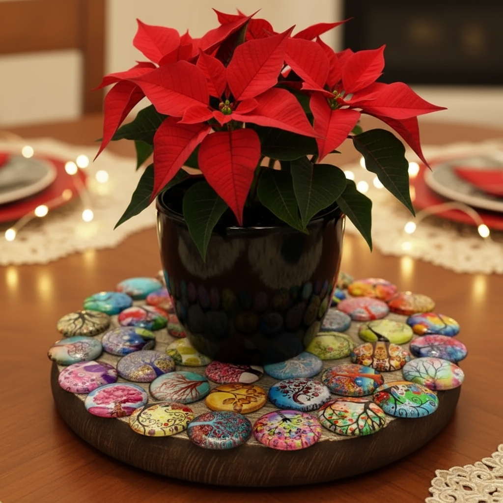 Handcrafted Tree of Life mosaic plant stand showcasing intricate tile design and sturdy metal frame for indoor or outdoor use