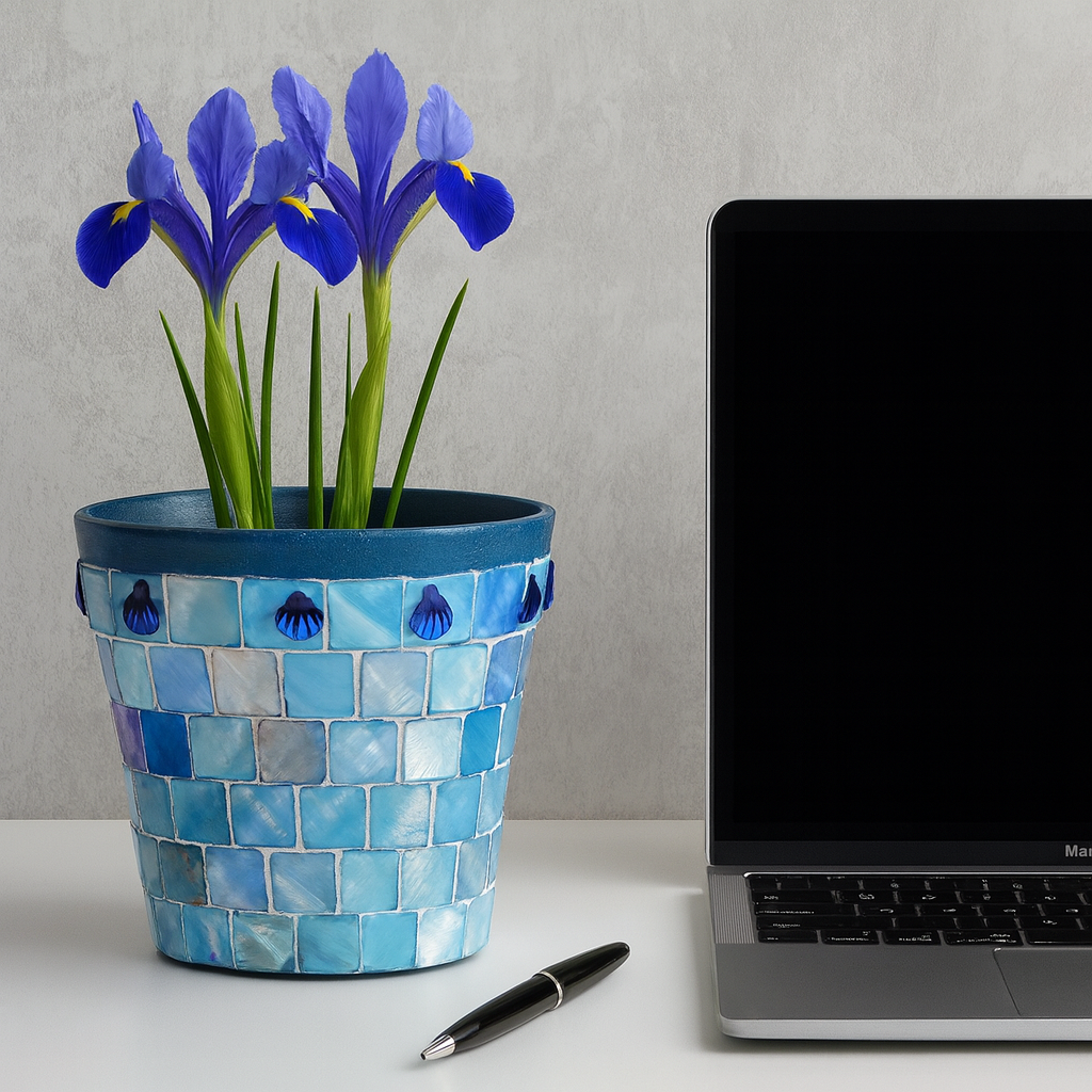 Turquoise mother of pearl flower pot with floral design, featuring a glossy finish and decorative accents.
