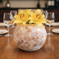 Handcrafted scalloped Capiz-style mosaic bowl with iridescent shell design, showcasing intricate mosaic pattern and elegant craftsmanship.