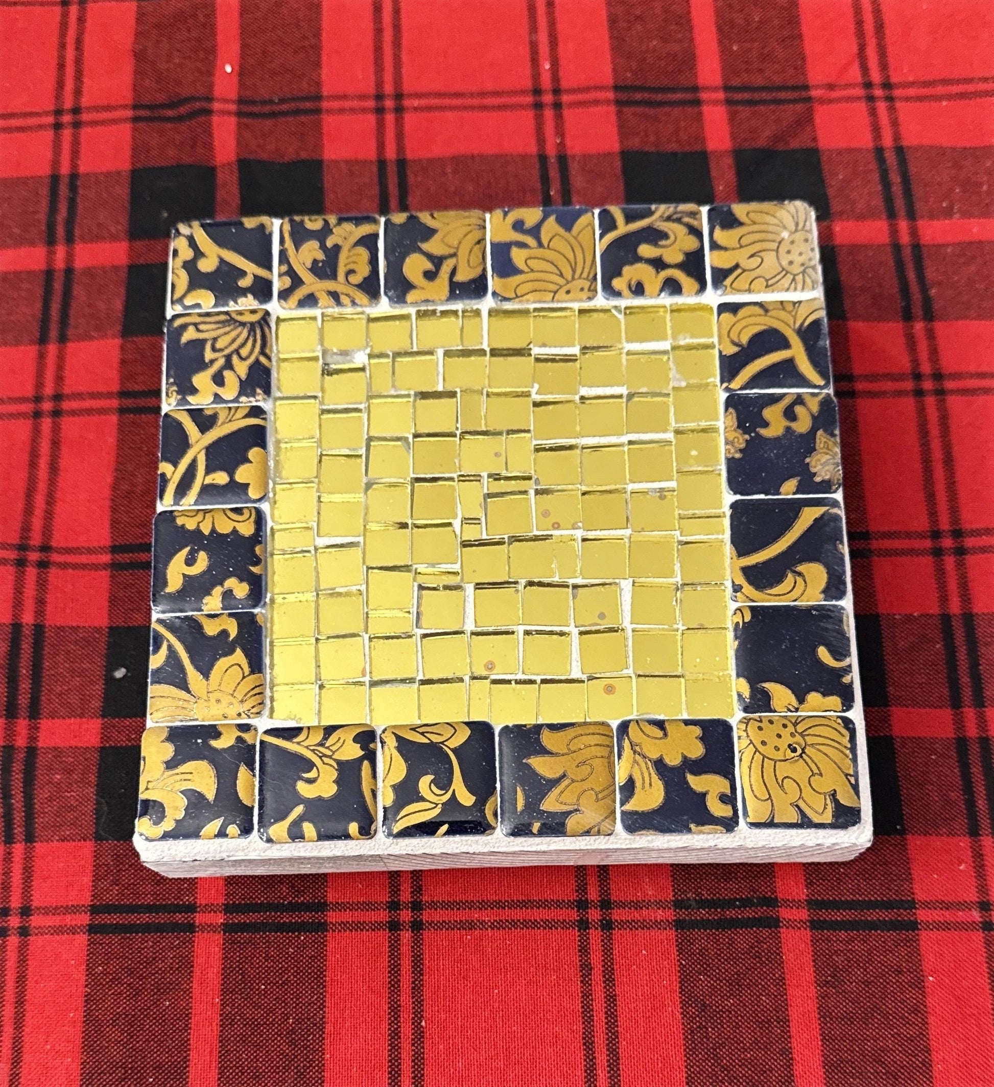 Gold and floral mosaic plant stand set by Miss Bette's Creations featuring intricate mosaic patterns and sturdy metal construction.
