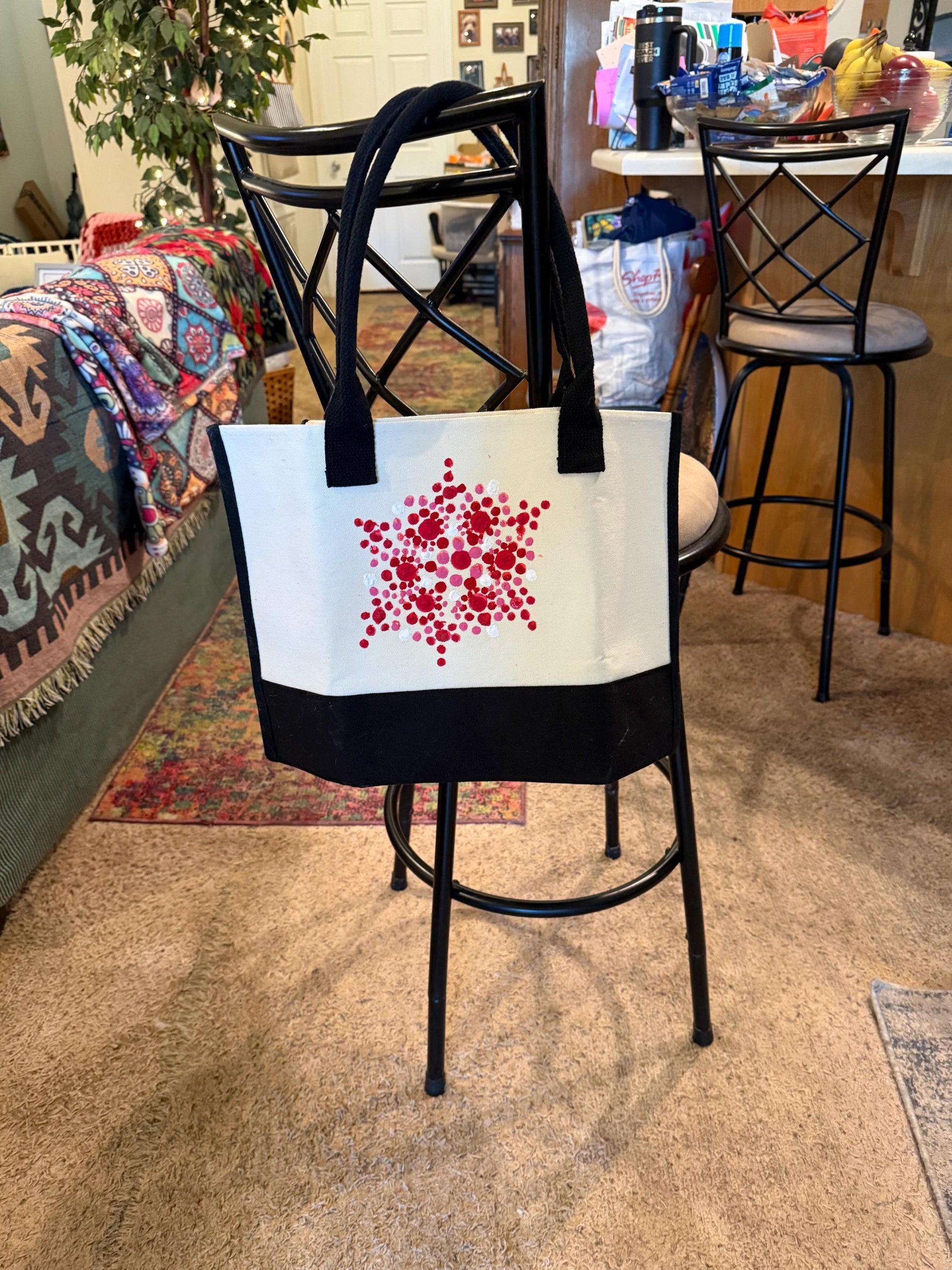 Large white and red custom canvas bag with sturdy handles, featuring a bold design and spacious interior for everyday use.