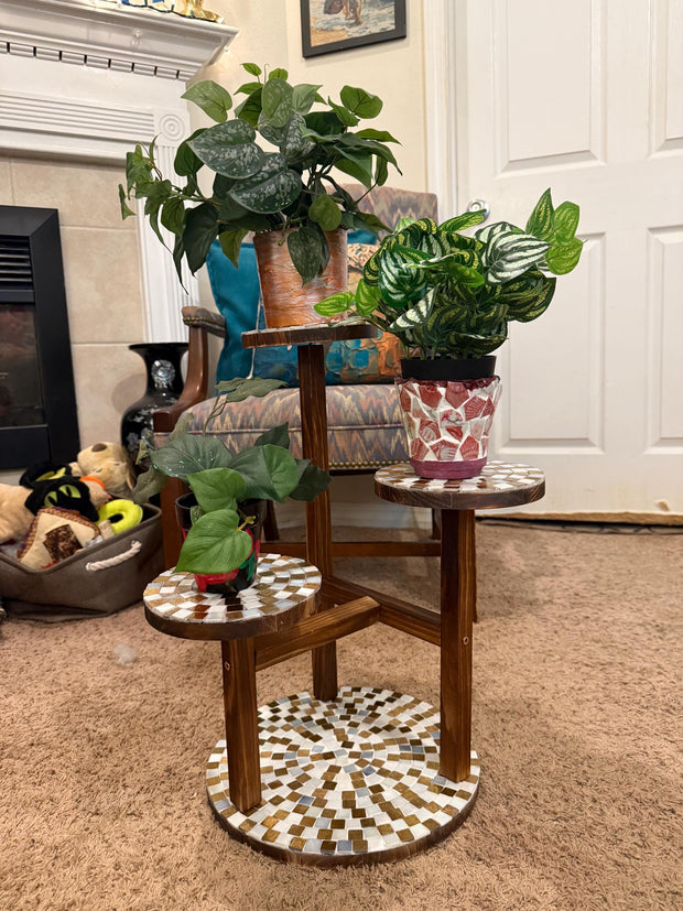Three Tier Gold Plant Stand | Mosaic Stand | Mosaic Display Stand | Gold and White Stand| Tall Plant Shelf | Multi Plant Stand
