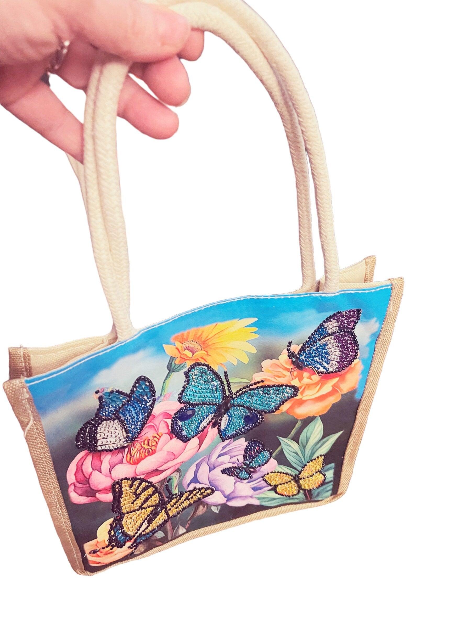 Botanical Butterfly Diamond Art Jute Tote bag with colorful butterfly design and durable jute fabric.