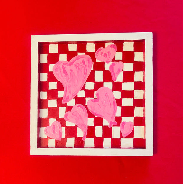 Hand painted Hearts Wooden Checkerboard Coffee Table Tray