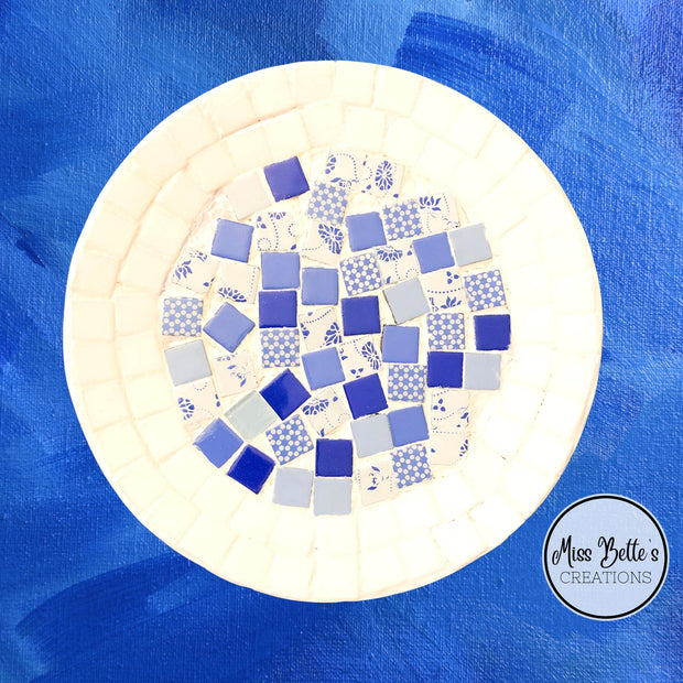 White Rimmed Mosaic Wall Decor, Blue and White Decorative Plate, Mosaic Plate