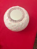 Handcrafted pink scalloped mosaic bowl with ombre design, showcasing intricate tile patterns and vibrant colors.