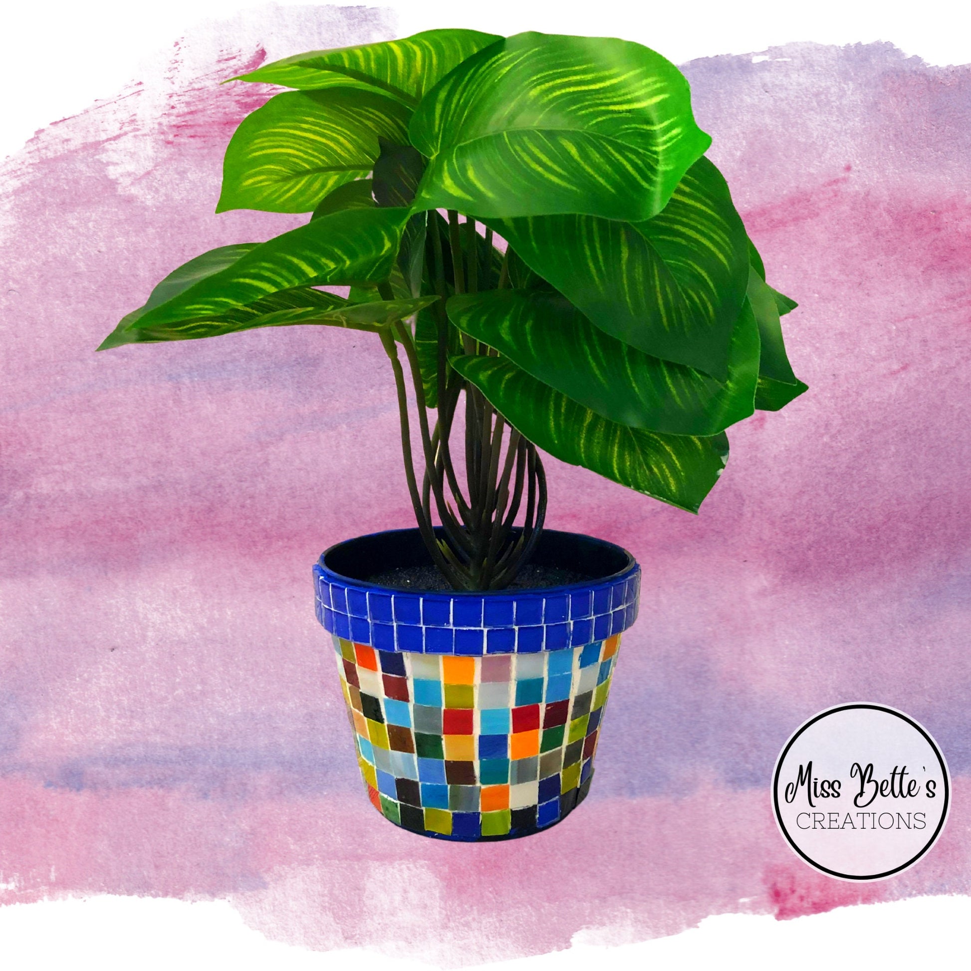 Colorful artisan rainbow mosaic planter from My Store, featuring vibrant glass tiles and a classic cylindrical shape.