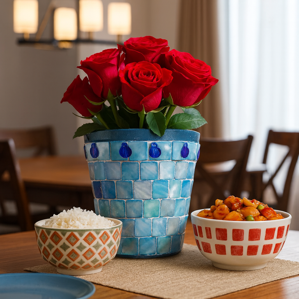 Turquoise mother of pearl flower pot with floral design, showcasing vibrant colors and intricate shell patterns.