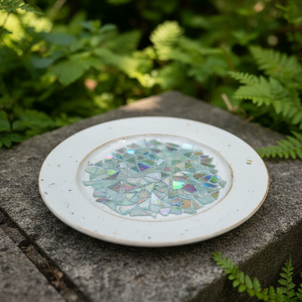 Multicolored rainbow mosaic fruit plate with vibrant fruit designs arranged on a decorative ceramic dish.