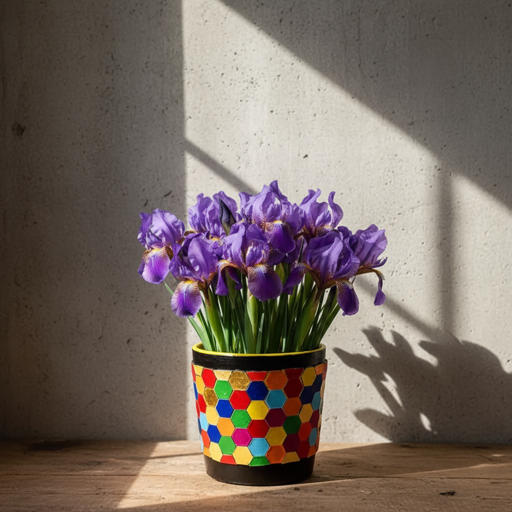 Colorful flower bouquet in a rainbow mosaic hexagon planter, decorative floral arrangement in a vibrant, modern planter.
