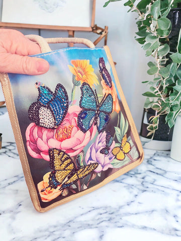 Botanical Butterfly Diamond Art Jute Tote bag with colorful butterfly and floral design, eco-friendly and stylish for everyday use.