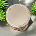 Artificial snake plant in silver mosaic planter, featuring green foliage and decorative textured surface for modern home decor.