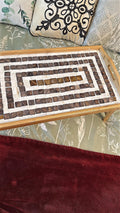 Rustic bamboo bed tray with stone mosaic inlay, natural wood finish, and sturdy handles for breakfast or breakfast in bed.