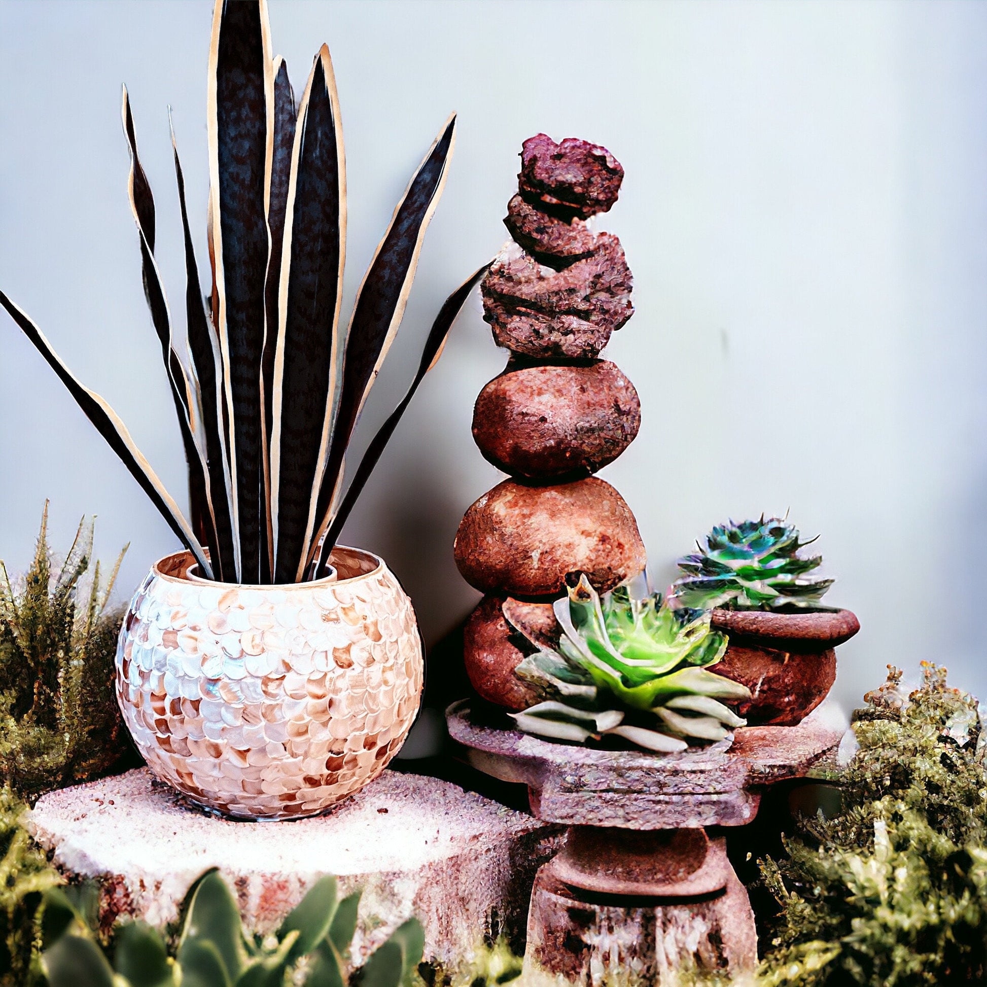 Luxurious scalloped planter with faux snake plant, stylish home decor accent in a decorative ceramic container.