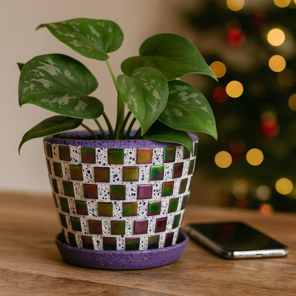 Purple and green mosaic flower pot with floral design, handcrafted ceramic planter for indoor or outdoor use