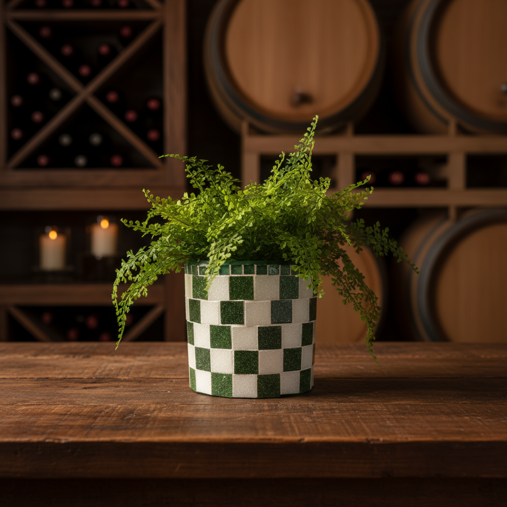 Modern green and white checkerboard mosaic herb planter with square shape and decorative tile pattern.