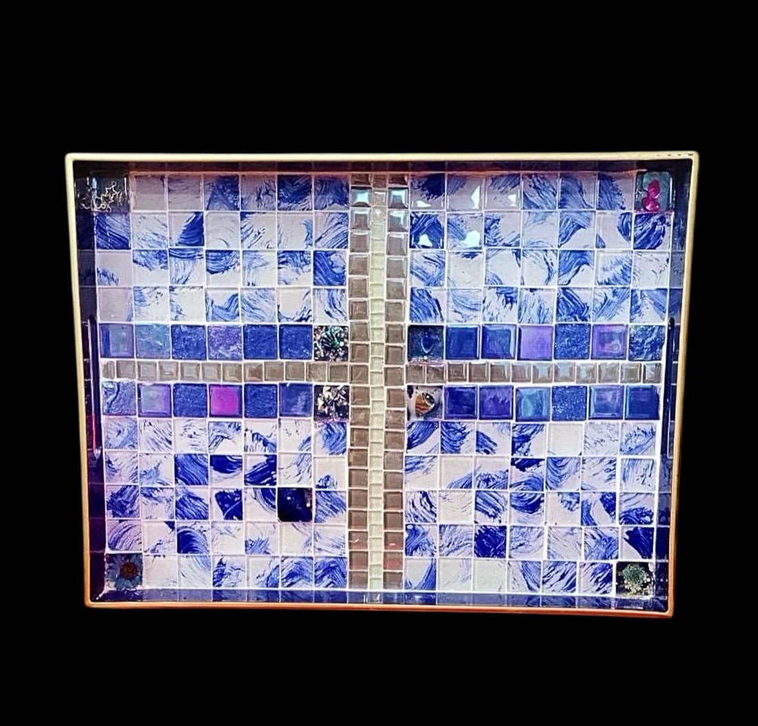 Artisan Ocean Blue Mosaic Serving Tray with intricate tile design, perfect for serving food or display.