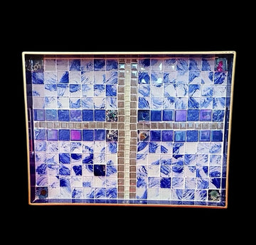 Artisan Ocean Blue Mosaic Serving Tray with intricate tile design, perfect for serving food or display.