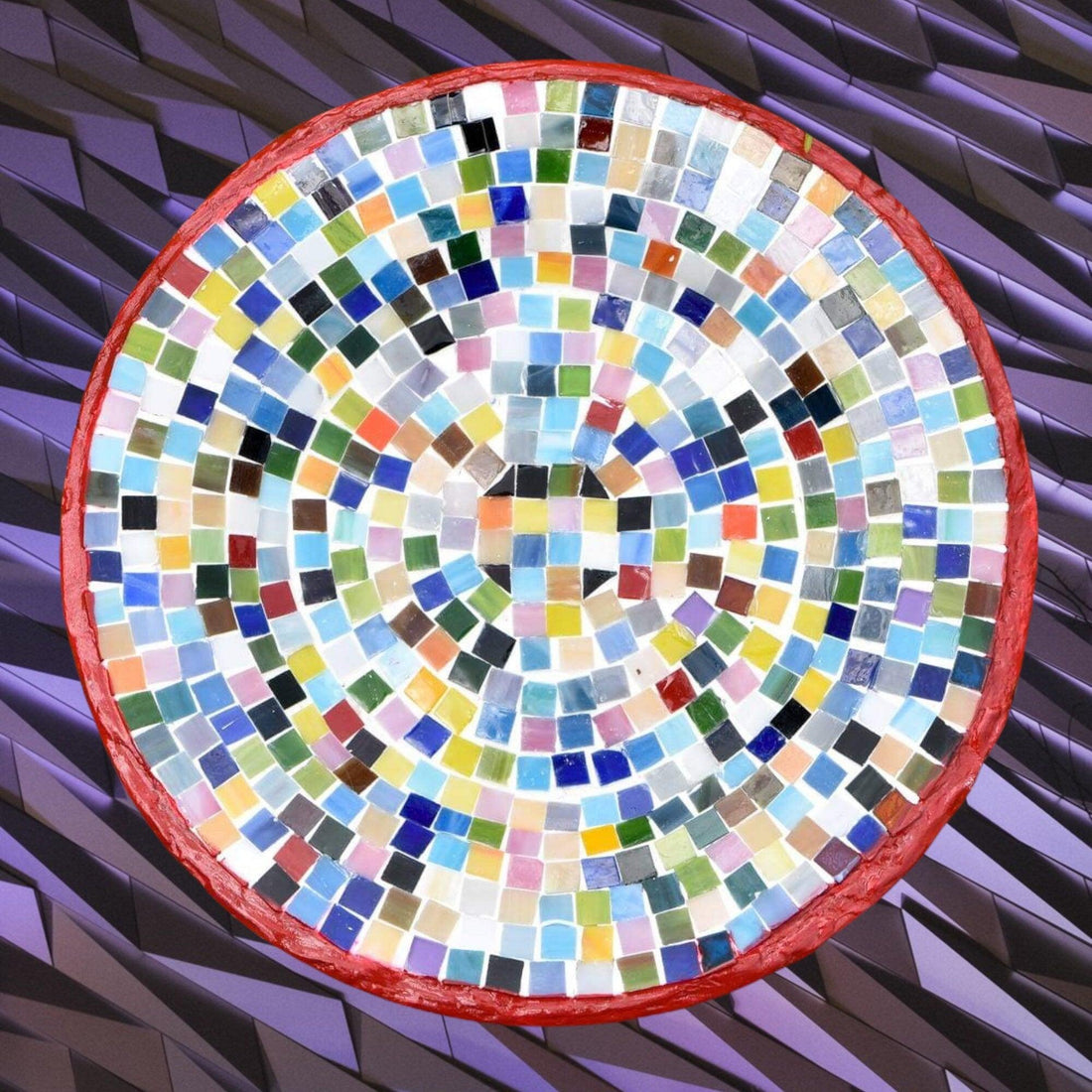 Colorful handcrafted rainbow mosaic decorative plate with intricate 3D design, perfect for vibrant home decor.