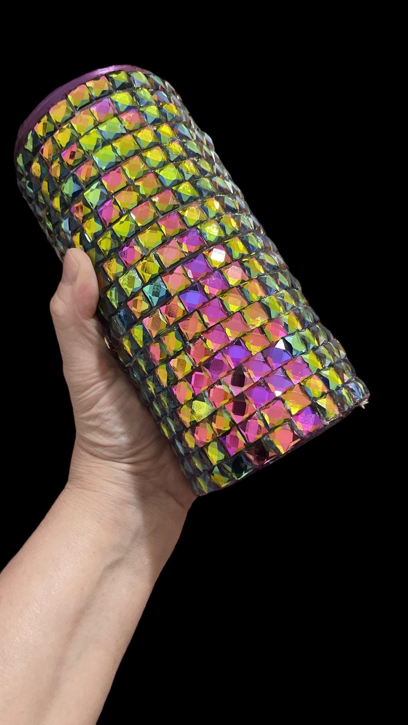 Prismatic rainbow mosaic cylindrical vase with colorful glass tiles, decorative home decor from My Store.