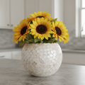 Iridescent white scalloped mosaic bowl with a handcrafted design, showcasing shimmering mosaic tiles and elegant scalloped edges.