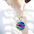 Colorful pendant necklace with vibrant beads and silver chain, showcasing a stylish and eye-catching jewelry piece