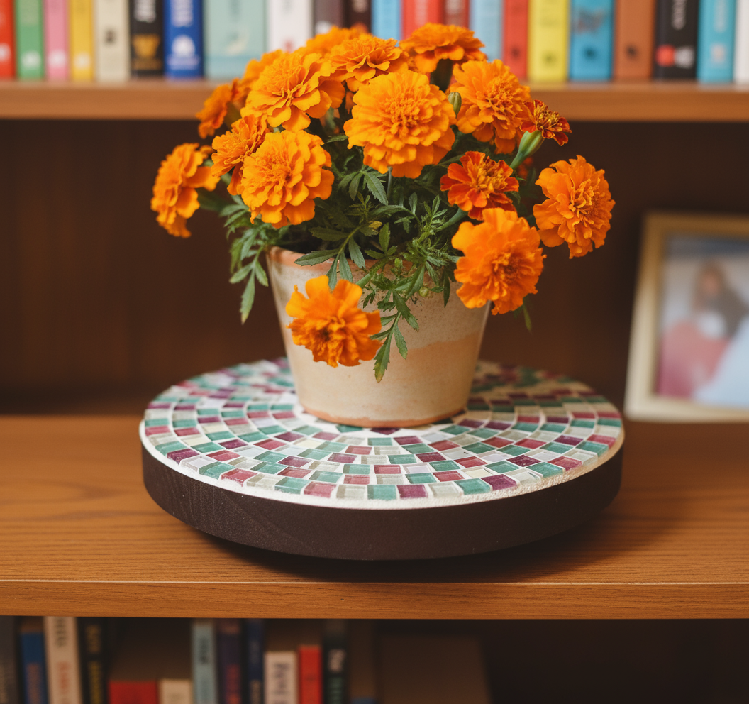 Handcrafted pink and green mosaic plant stand by Miss Bette's Creations with intricate tile patterns and a sturdy wooden base.