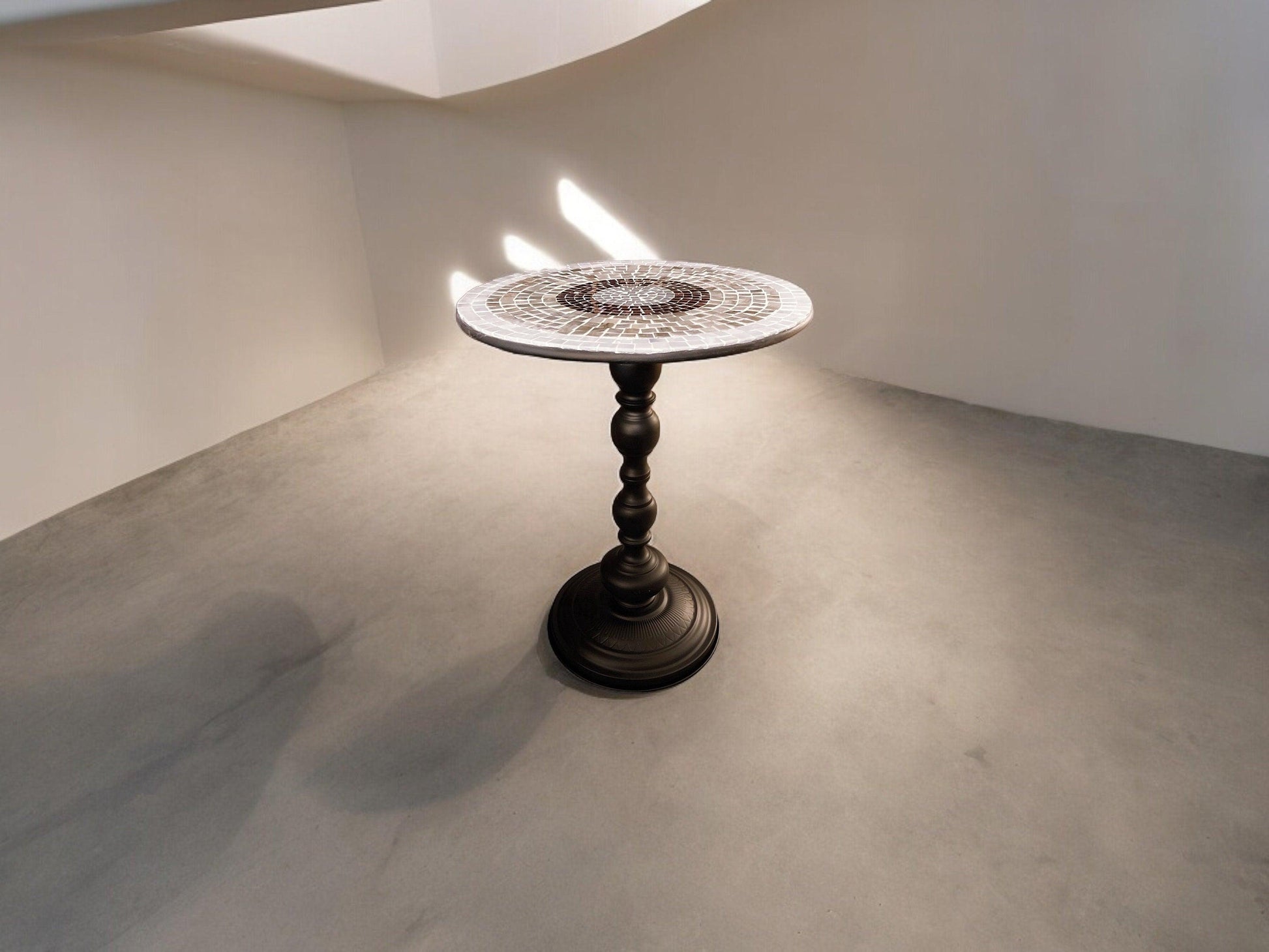 Round side table with iridescent gray and purple mosaic top on black metal base, 15-inch diameter and 20-inch tall.
