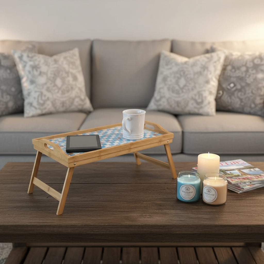 Luxury bamboo bed tray with intricate mosaic inlay, showcasing a stylish and functional design for breakfast or serving.