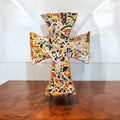 Colorful Mexican mosaic tile Christian wall cross with intricate patterns and vibrant design, ideal for religious home decor.